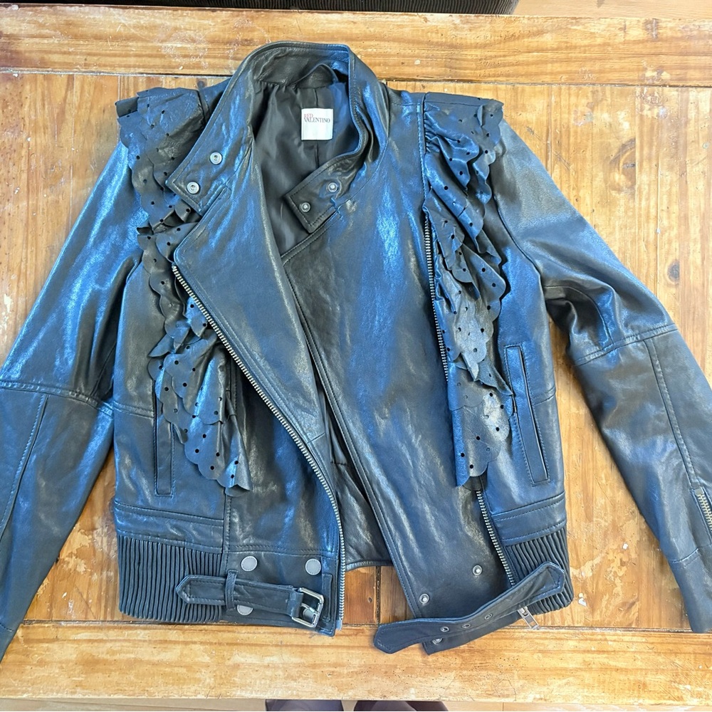 Red Valentino Black Leather Jacket with Ruffle Details